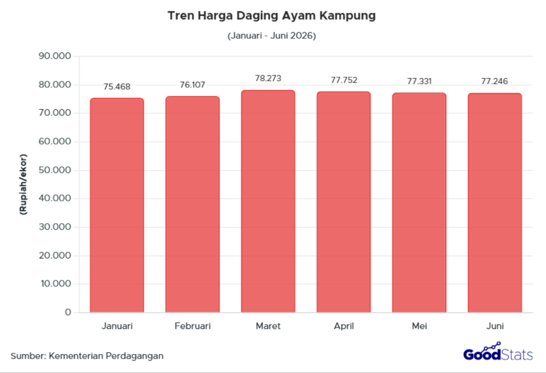 Sepanjang semester I 2026, bulan Maret catatkan harga ayam tertinggi nasional, capai Rp78.273/ekor untuk ayam kampung.