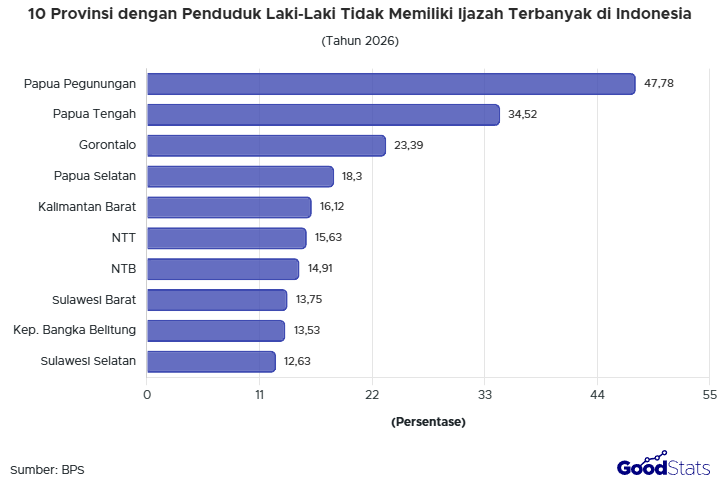 Sebanyak 47,78% pria di Papua Pegunungan tidak punya ijazah, paling tinggi di Indonesia 2026